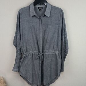 a.n.a Charcoal Button-Up Long Sleeve Drawstring Waist Tunic Blouse Sz L
